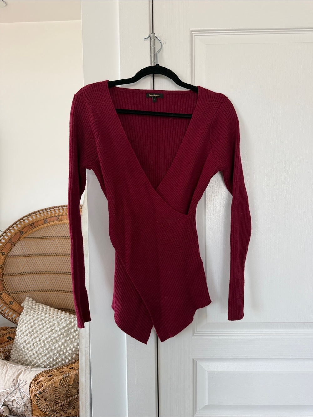Ribbed Wrap V-Neck Sweater Bodysuit in Deep Wine